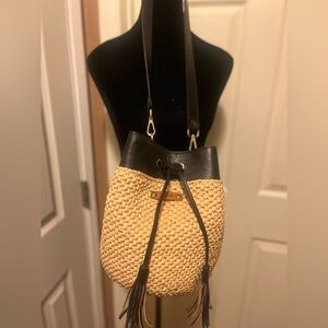 Omb Stylish Black Leather and Tan Wicker Bucket Purse